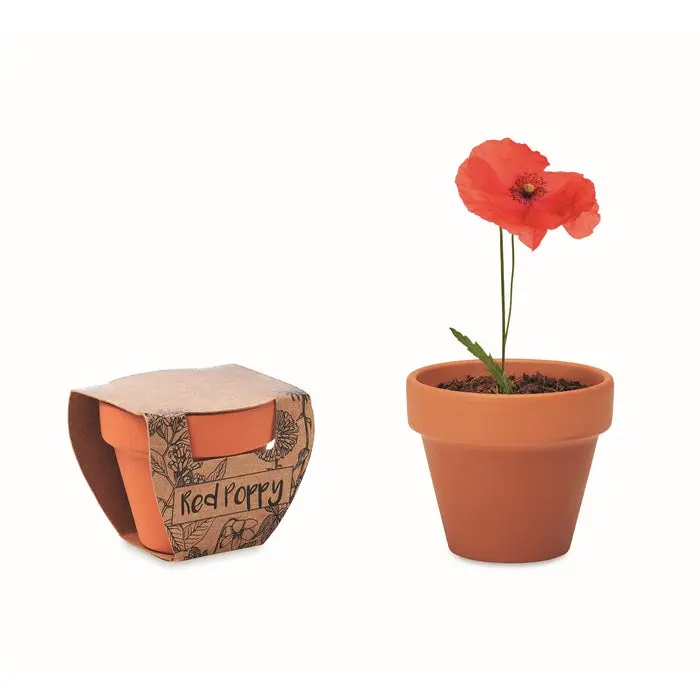 Terrakotta-Topf 'RED POPPY' mit Mohnblumenmotiv - Holzoptik