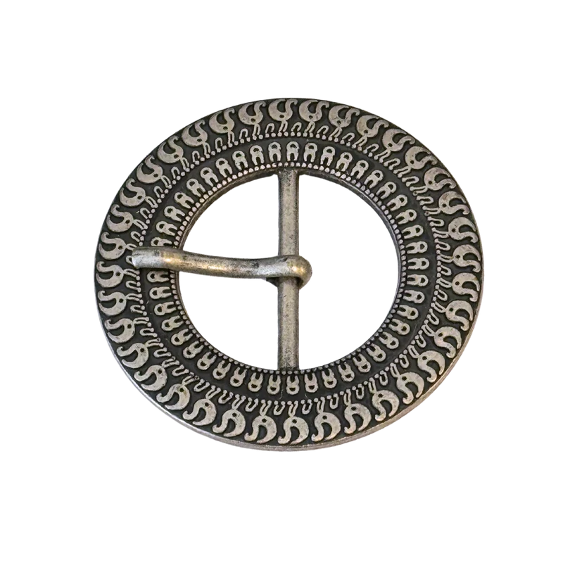 Runde Gürtelschnalle aus Metall mit Inka-Muster – Alt Silber