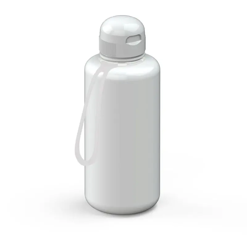 Sports Trinkflasche 1L, Weiß mit Transparentem Riemen