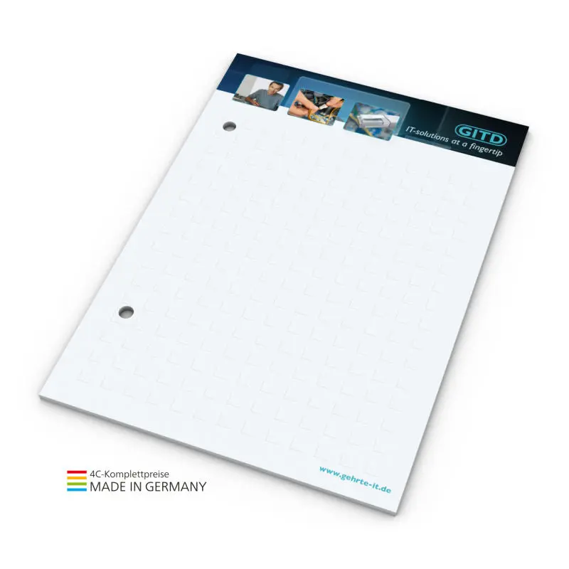 Notizblock A6 mit Doppellochung, personalisierbar mit 4C-Druck