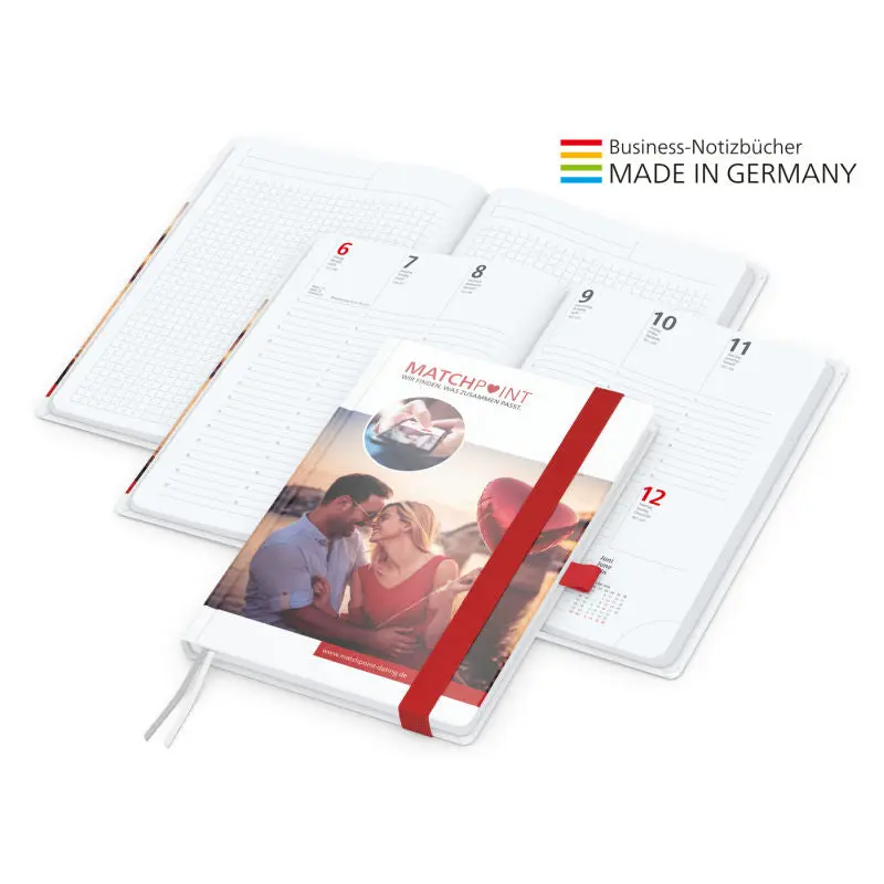 Hochwertiges A5 Match-Hybrid Notizbuch, glänzendes weißes Cover, 4C-Druck, individuell, rot
