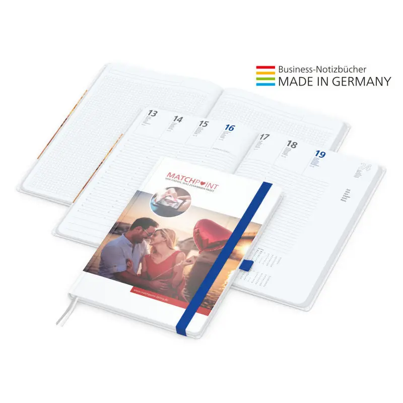 A4 Match-Hybrid Notizbuch: Weißer Cover-Star, Mattkaschierung & 4C-Druck - Blau
