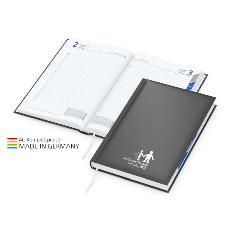 Edler Manager-Buchkalender in Anthrazit mit Silberprägung und Register