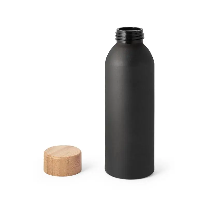 QUETA Aluminium-Wasserflasche 550 ml mit Bambusdeckel - Schwarz & Öko-Freundlich