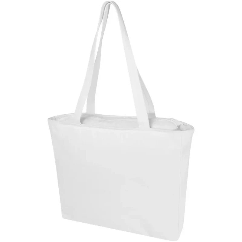 Entdecken Sie die Weekender 500 g/m² recycelte Tragetasche – weiß, robust und stilvoll