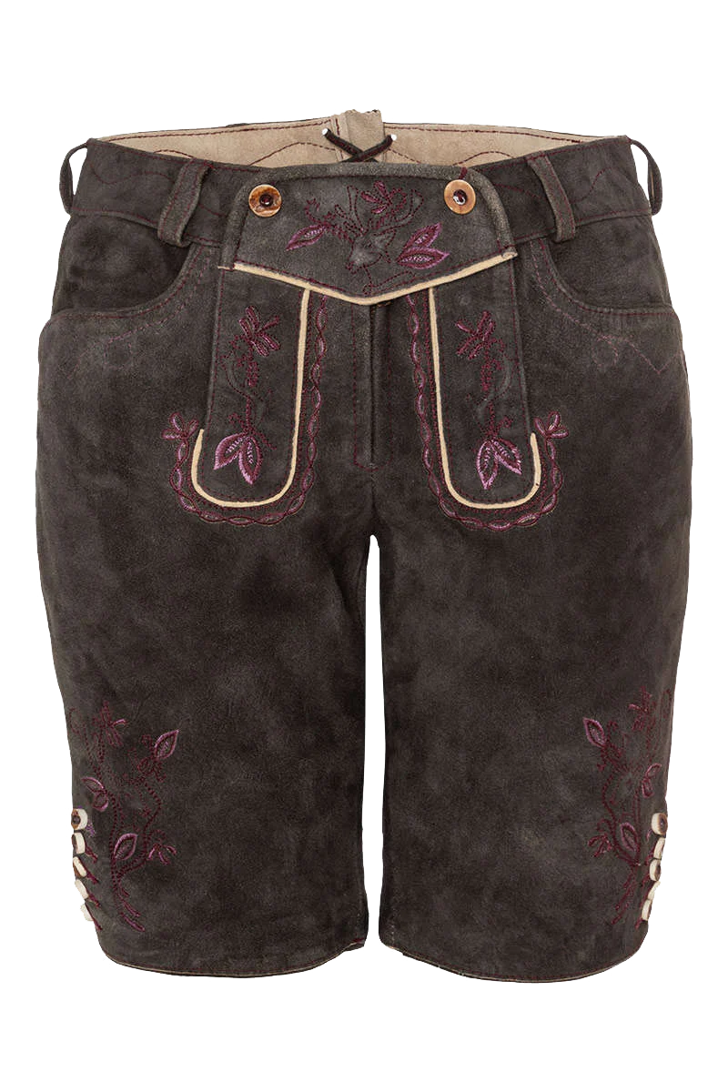 Damen Lederhose mit bordeauxfarbener Stickerei kurz