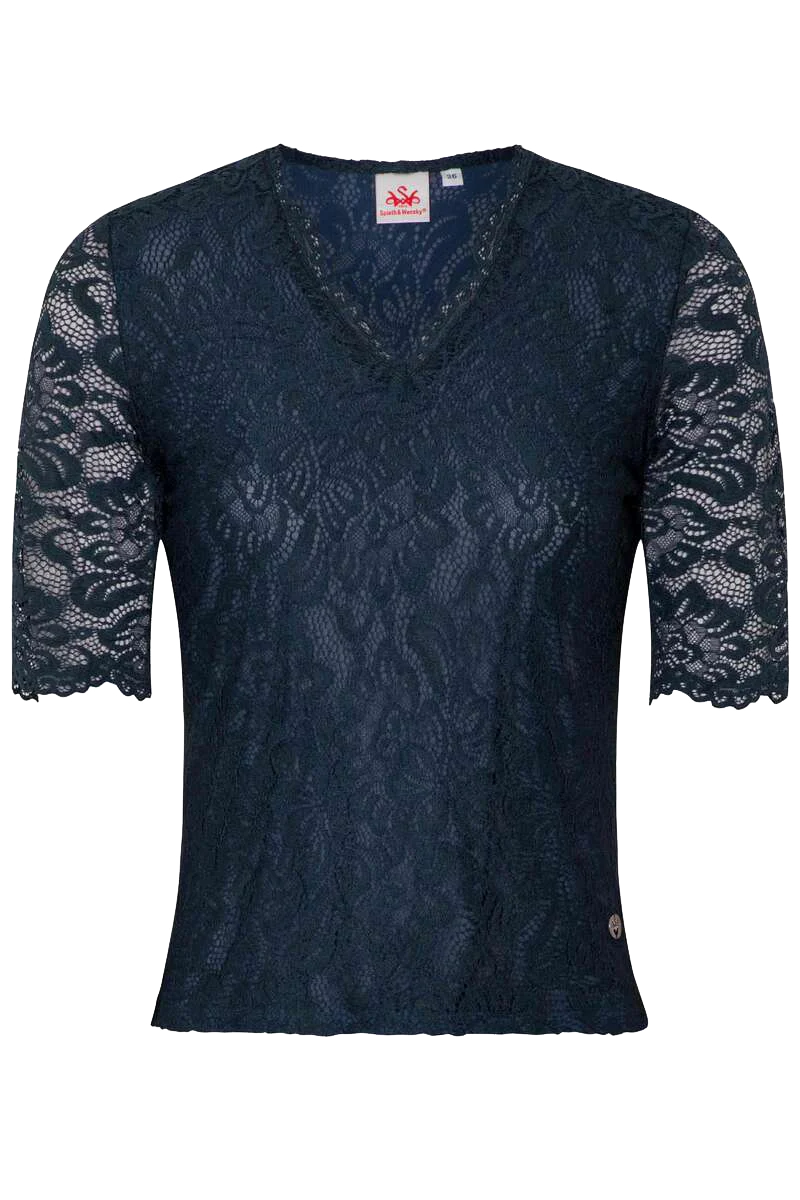 Damen Trachtenshirt mit floraler Spitze - dunkelblau