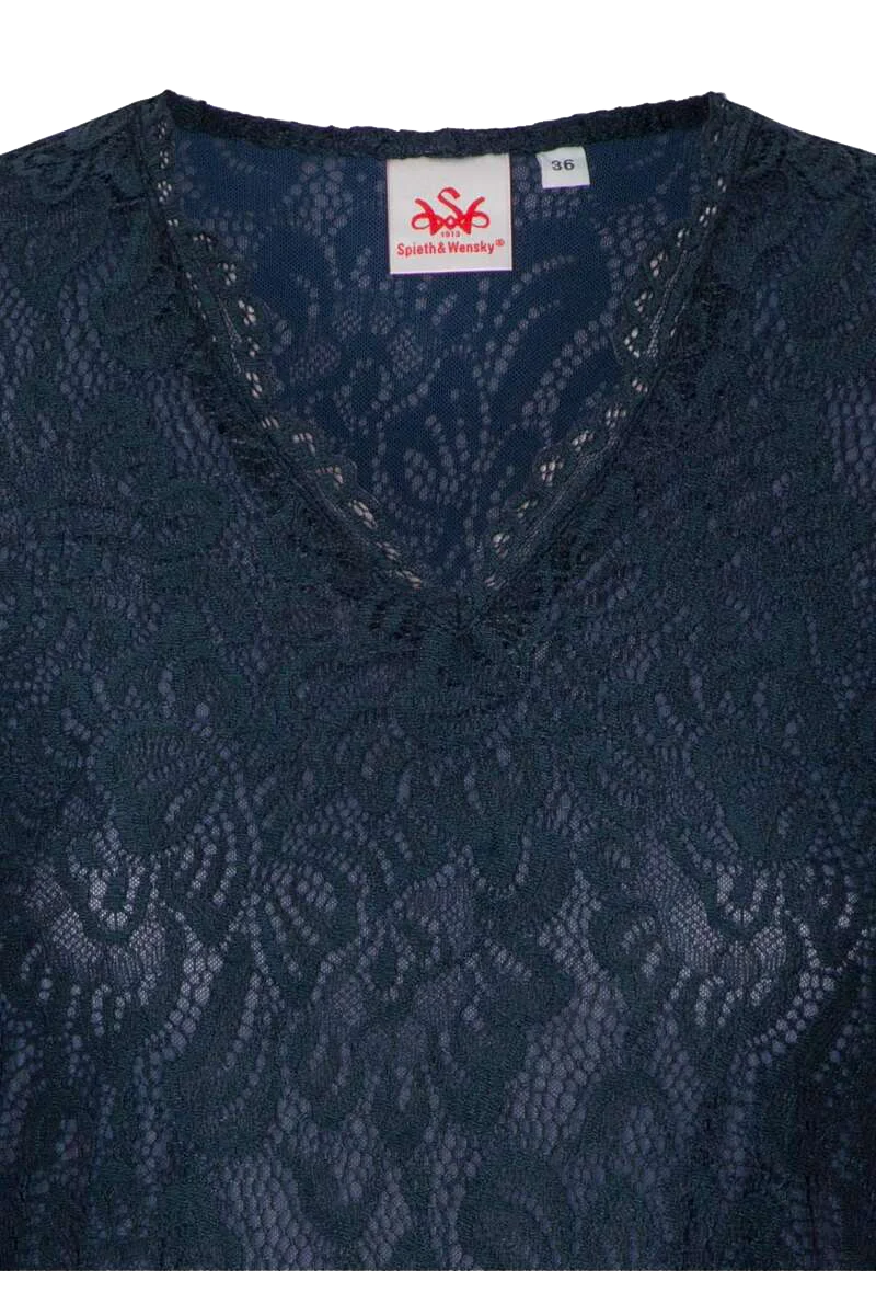 Damen Trachtenshirt mit floraler Spitze - dunkelblau