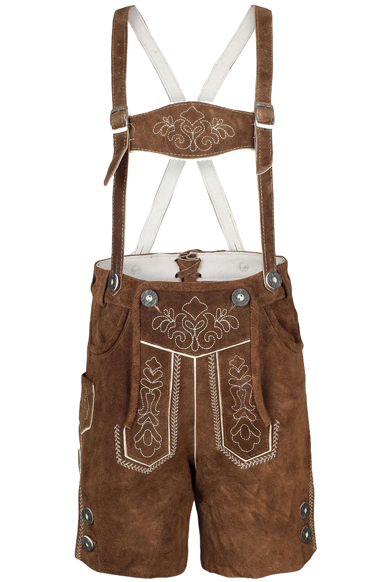 Kinder Lederhose kurz mit Stickerei und Trägern - kamel