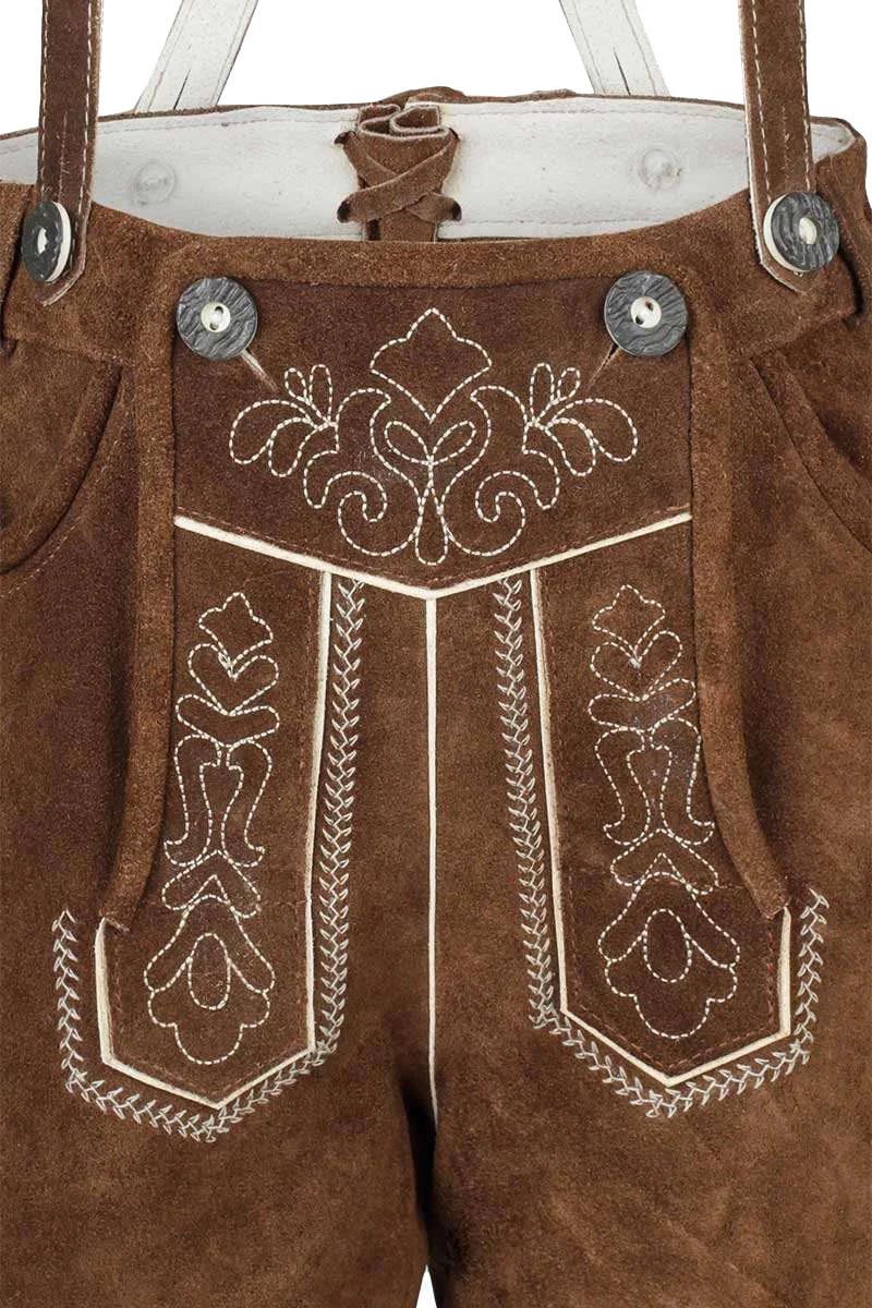 Kinder Lederhose kurz mit Stickerei und Trägern - kamel