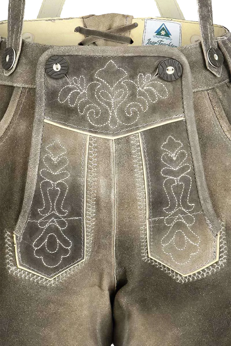 Kinder Lederhose kurz mit Stickerei und Trägern - schiefer
