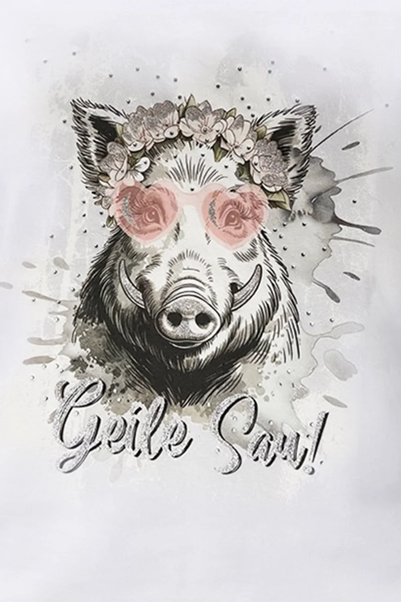 Damen Trachtenshirt mit Wildschweinmotiv und Glitzer - weiß