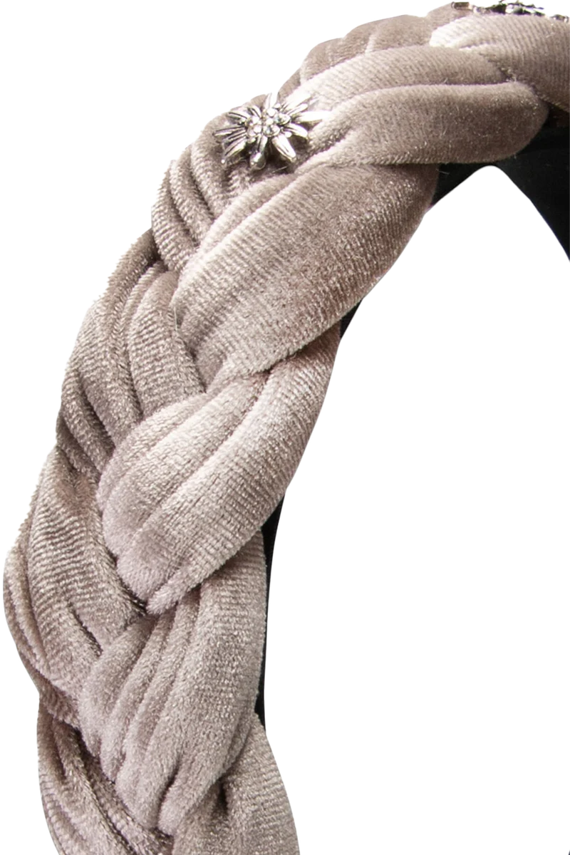 Samt Haarreif geflochten mit Strass-Edelweißblüten - taupe braun