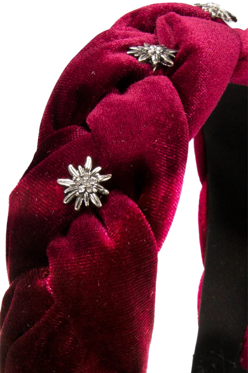 Samt Haarreif geflochten mit Strass-Edelweißblüten - bordeaux