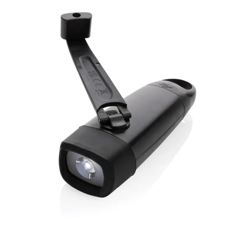 Lightwave USB-Taschenlampe mit Kurbel aus recyceltem RCS-Kunststoff - Schwarz, nachhaltig und vielseitig