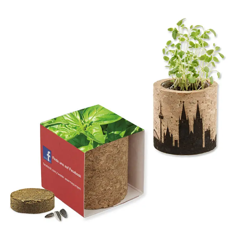 Pflanz-Kork mit Bedruckter Banderole & Lasergravur - Frisches Basilikum