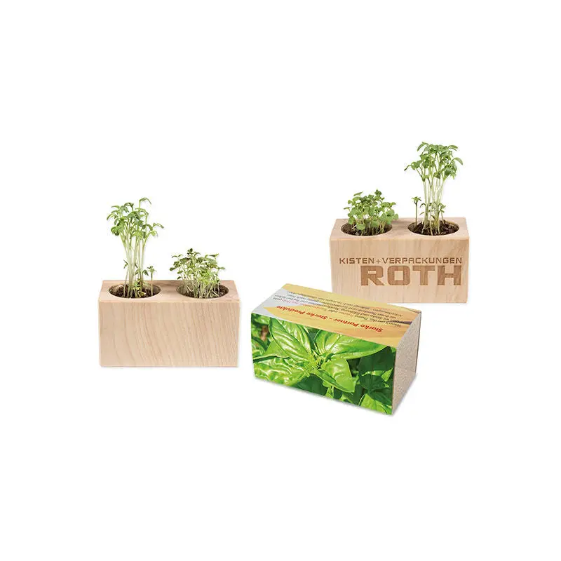 Pflanz-Holz 2er Set mit Banderole & Lasergravur - Basilikum Anzuchtkit