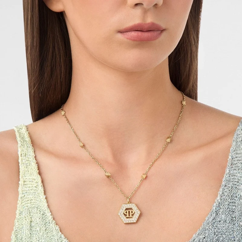 Philipp Plein Damen Halskette mit Anhänger LADY LEGACY Goldfarben, Weiß PJREA11NU
