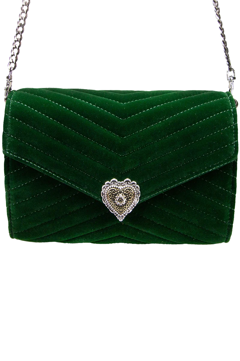 Damen Samtclutch mit Herz und Umhängekette - grün