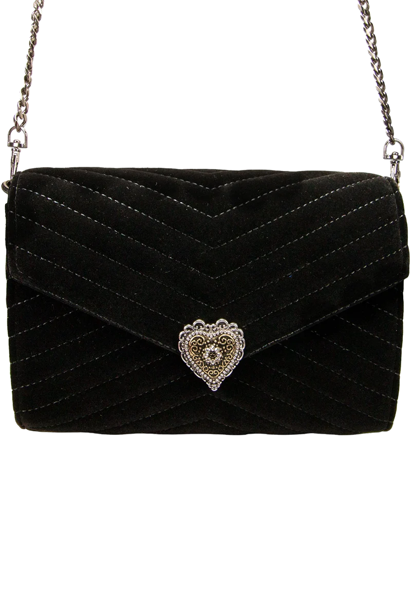 Damen Samtclutch mit Herz und Umhängekette - schwarz