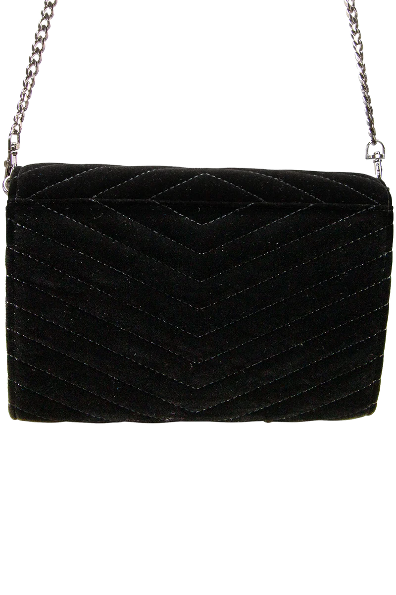 Damen Samtclutch mit Herz und Umhängekette - schwarz