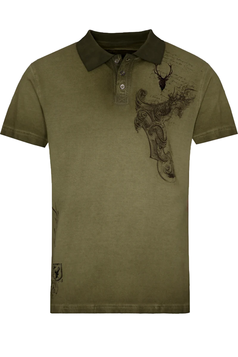Herren T-Shirt mit Polokragen und Hirschkopfstickerei - oliv