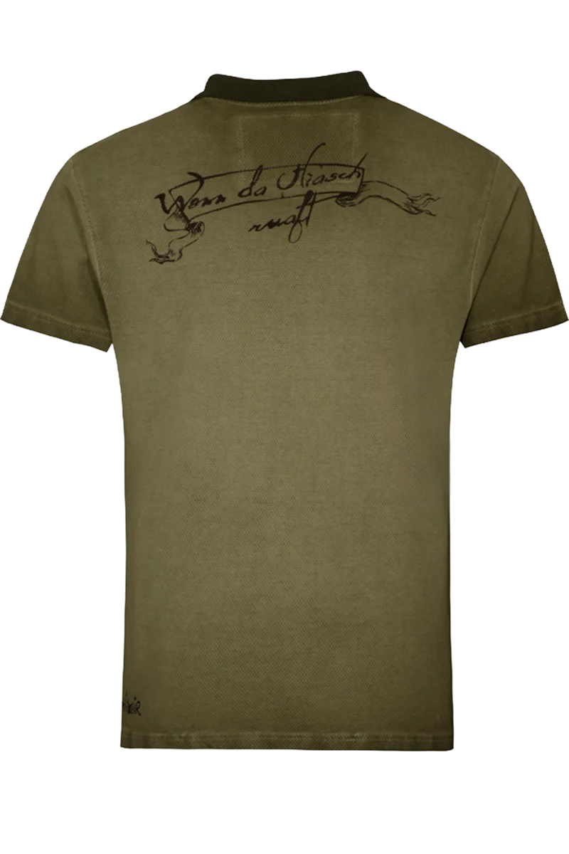 Herren T-Shirt mit Polokragen und Hirschkopfstickerei - oliv