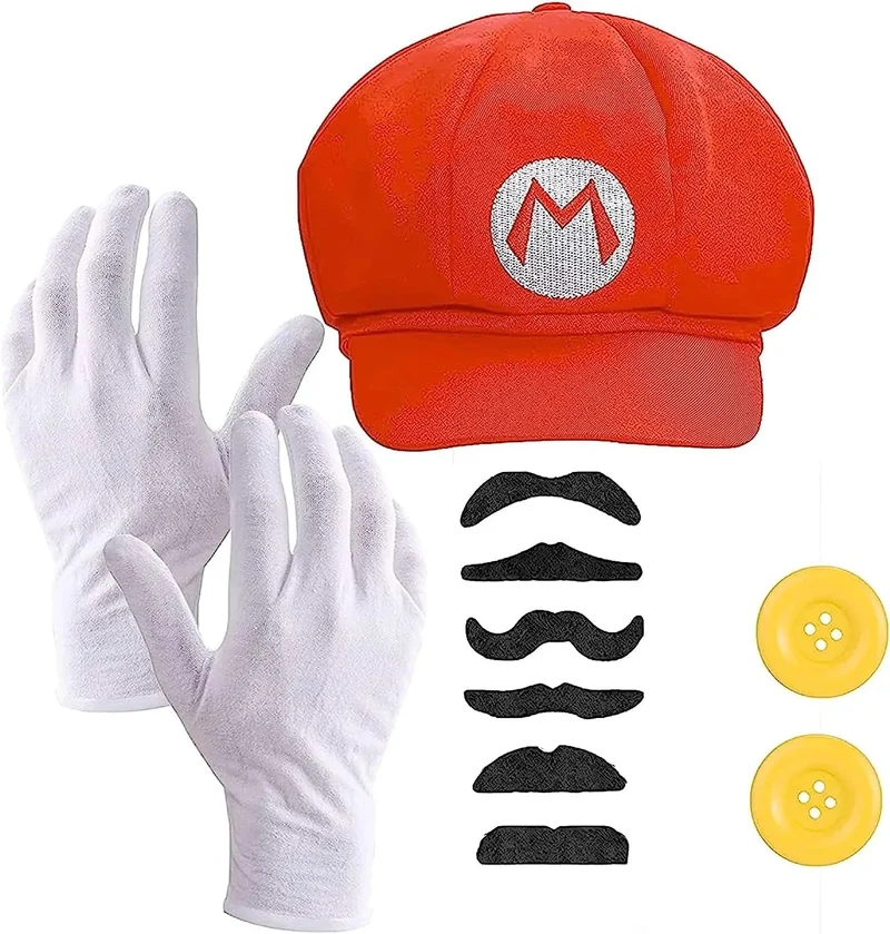 2 in 1 - Set Super Mario Kostüm mit Handschuhen, Schnurrbart, Mütze, Knöpfen als Kostüm für Fasching & Karneval