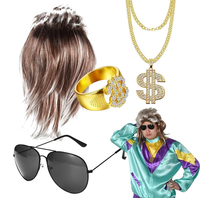 4 in 1 Vokuhila Set mit Assi Perücke, Goldkette, Brille - für Fasching & Karneval für 80er 90er Kostüm