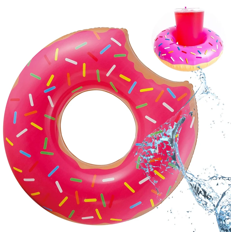 Aufblasbar angebissener Donut pink Ø 120 cm Schwimmring Schwimmreifen - Pool & Wasser mit Getränkehalter für Kinder & Erwachsene (Pinker Donut)