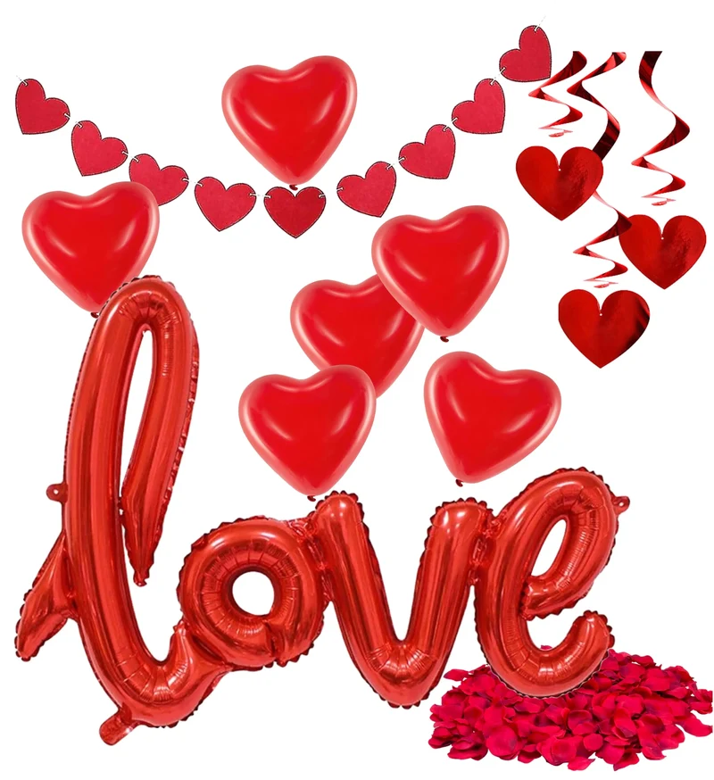 XXL Valentinstag Dekoration Deko Set - Heiratsantrag Hochzeit mit Herzluftballons, Girlande, LOVE Folienballon, Rosenblätter rot - Für Sie & Ihn - Fre