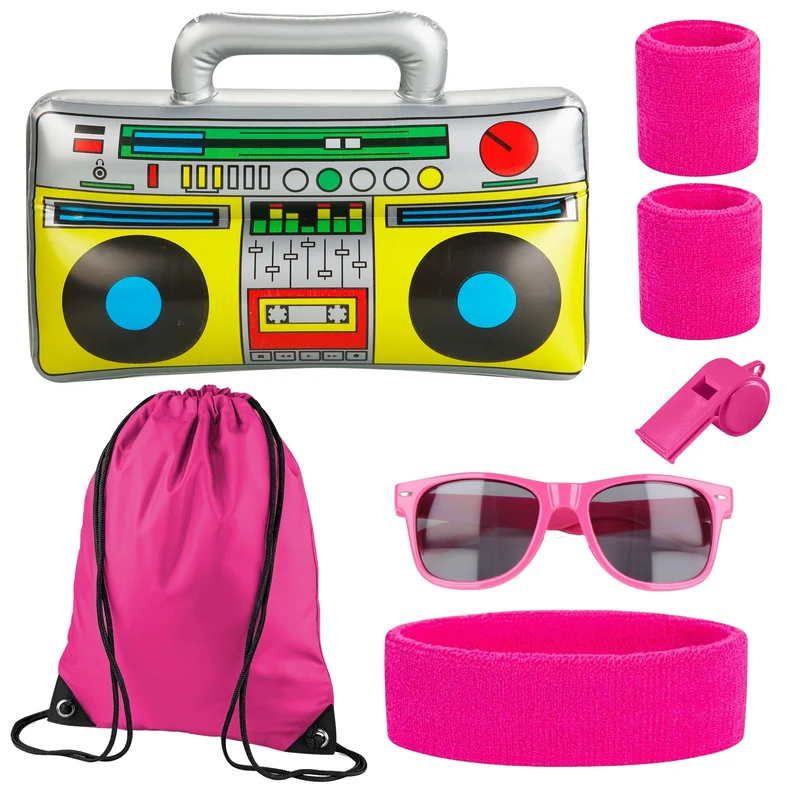 5 in 1 - Retro pink Set mit Stirnband & Ghettoblaster uvm. - als Accessoire Vokuhila Kostüm zu Retro neon 80er 90er Fasching & Karneval