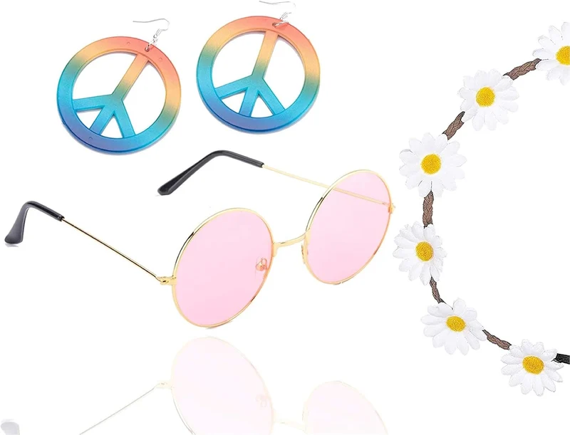 4 in 1 - 70er Hippie Accessoires Set mit Hippiebrille, Kette, Ohrringen, Blumenkette für Damen & Herren and Fasching & Karneval