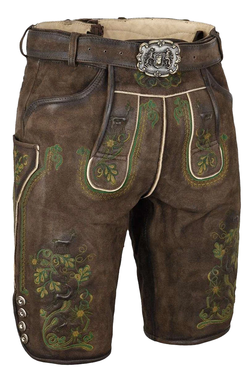 Herren Lederhose mit Gürtel kurz Braun mit grüner Stickerei