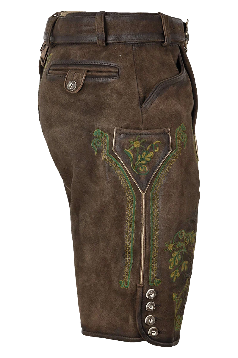 Herren Lederhose mit Gürtel kurz Braun mit grüner Stickerei