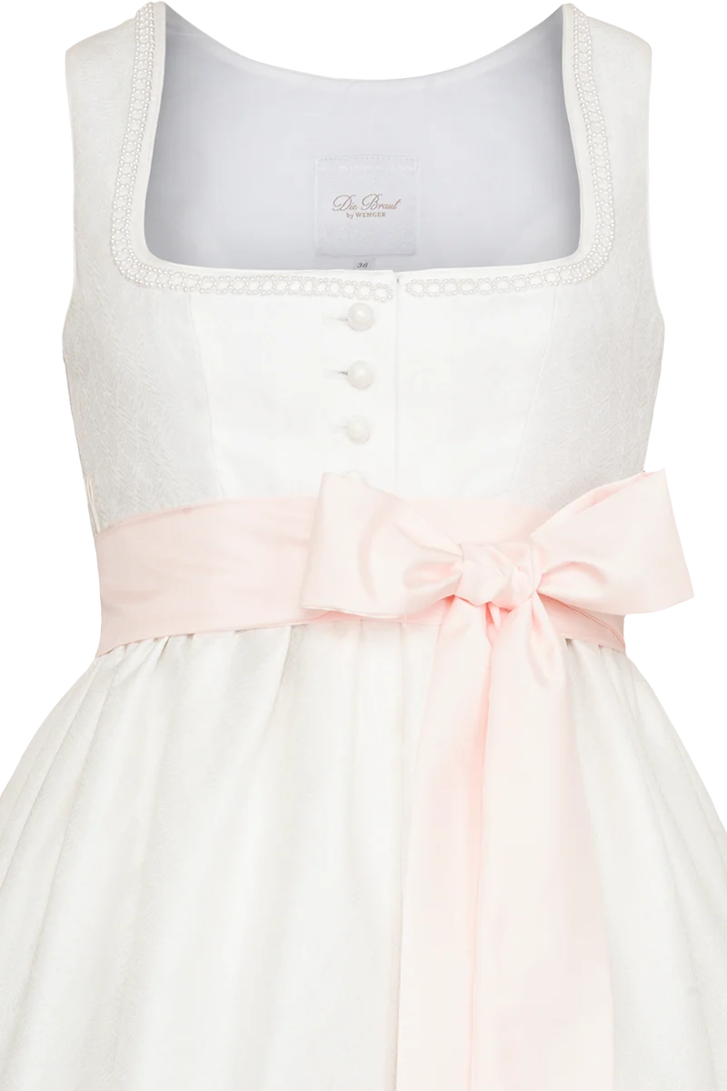 Umstands-Brautdirndl lang mit Schleife - weiß lachs