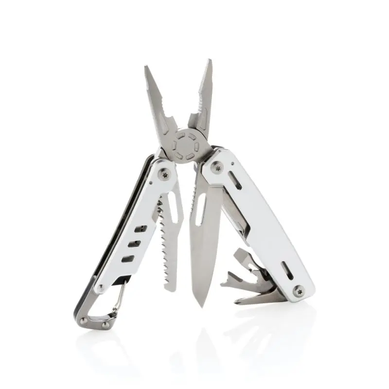 Praktisches Multitool mit Karabiner: Robustes Werkzeugset in silbernem Finish für vielseitige Anwendungen