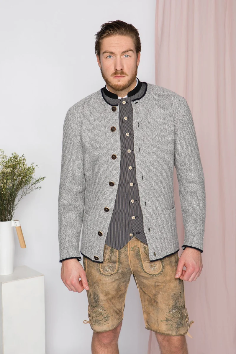 STRICKJACKE PETER MIT STEHKRAGEN GRAU-MELANGE/ NAVY