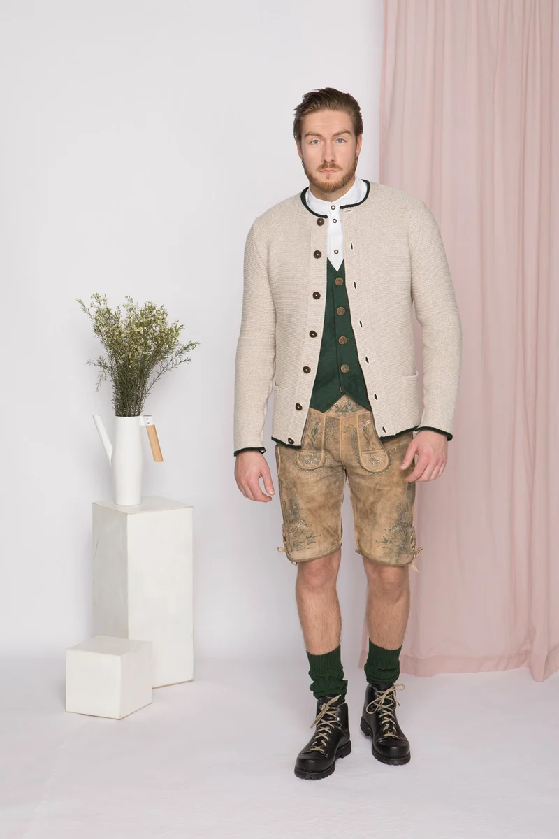 STRICKJACKE PETER MIT STEHKRAGEN BEIGE/TANNENGRÜN