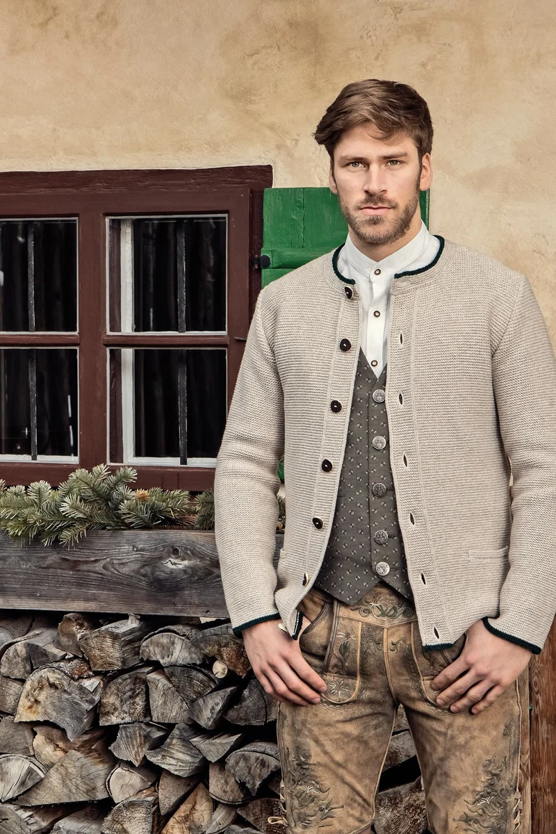 STRICKJACKE PETER MIT STEHKRAGEN BEIGE/TANNENGRÜN
