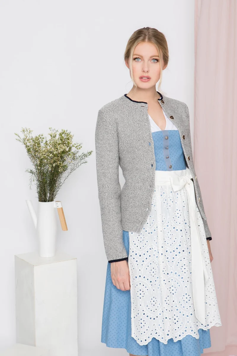 STRICKJACKE HEIDI MIT STEHKRAGEN GRAU-MELANGE/DUNKELBLAU