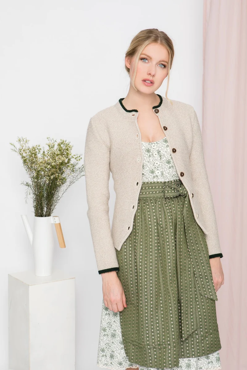 STRICKJACKE HEIDI MIT STEHKRAGEN BEIGE/TANNENGRÜN