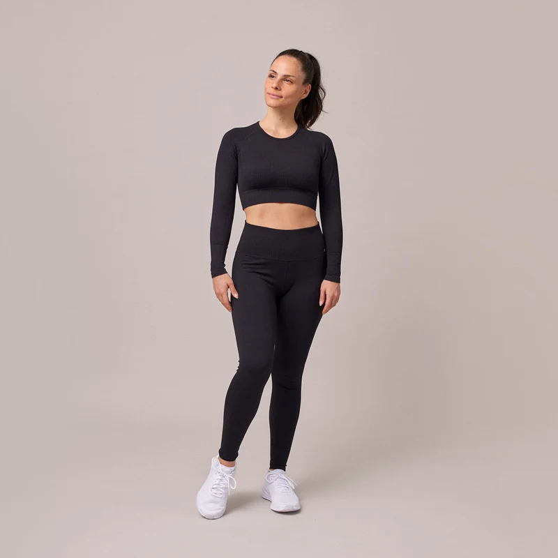 Geripptes Sportshirt langarm Damen | Schwarz