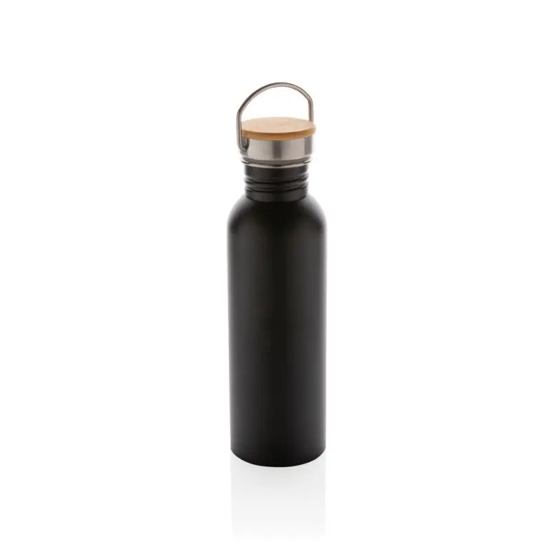 Moderne Edelstahlflasche mit Bambusdeckel in Schwarz - Elegant & Öko