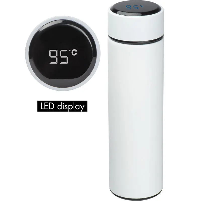 Edelstahlflasche mit LED Temperaturanzeige, 450 ml - Weiß - Doppelwandige Thermoflasche