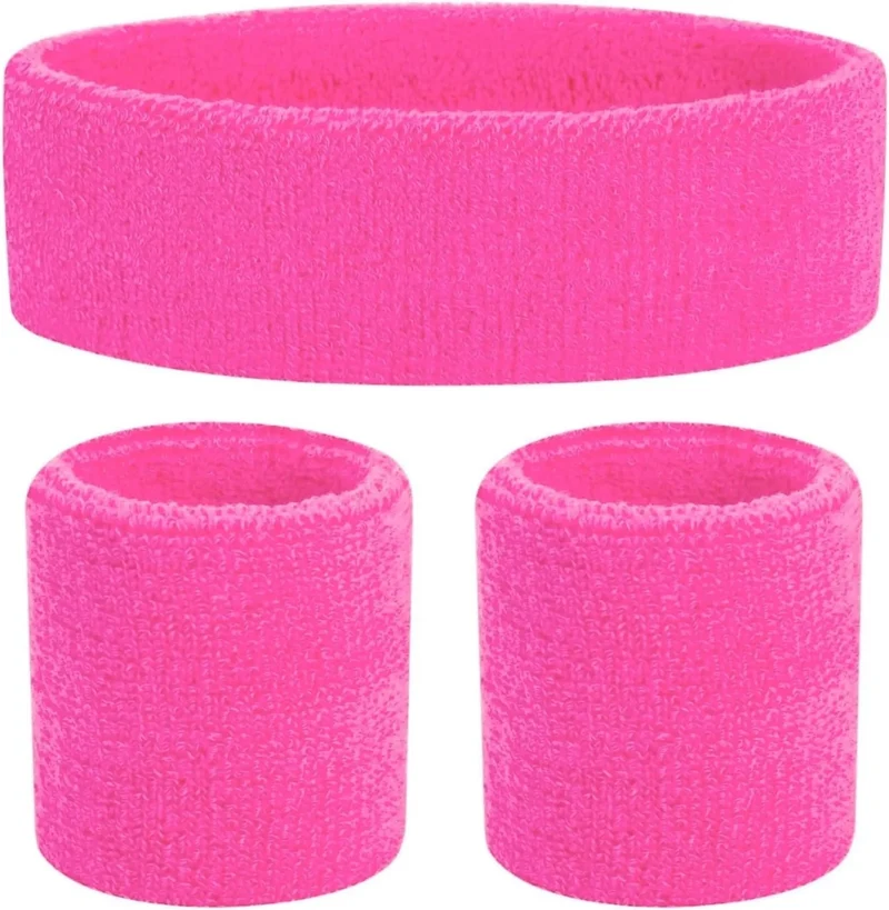 3 in 1 Schweißband pink Set mit Stirnband - als Accessoire Vokuhila Kostüm zu Retro neon 80er 90er Outfit Fasching & Karneval