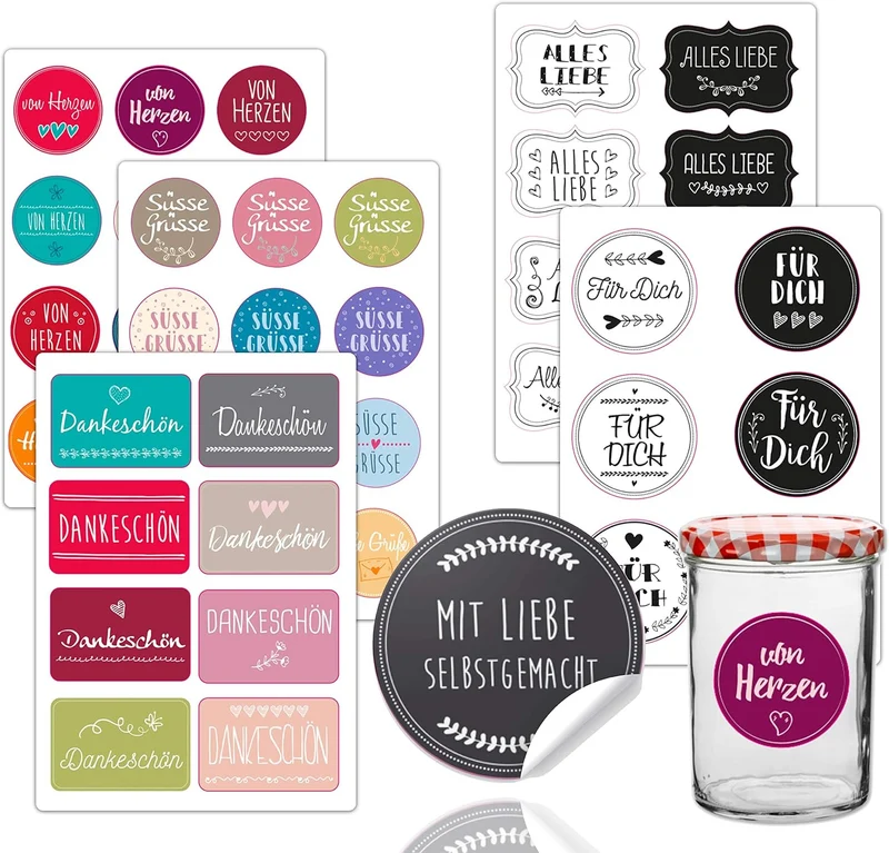 46x Sticker Aufkleber Ø 5-8 cm Etiketten selbstklebend als Geschenkaufkleber wie Marmeladengläser (46x Stück)