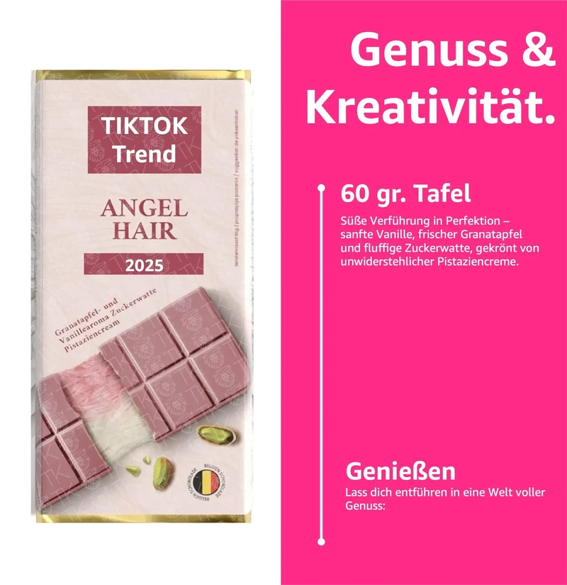 Angel Hair Schokolade rosa - mit Granatapfel, Vanillearoma, Engelshaar Zuckerwatte & Pistaziencreme - 60 Gramm Tafel - Dubai Schokolade 2.0