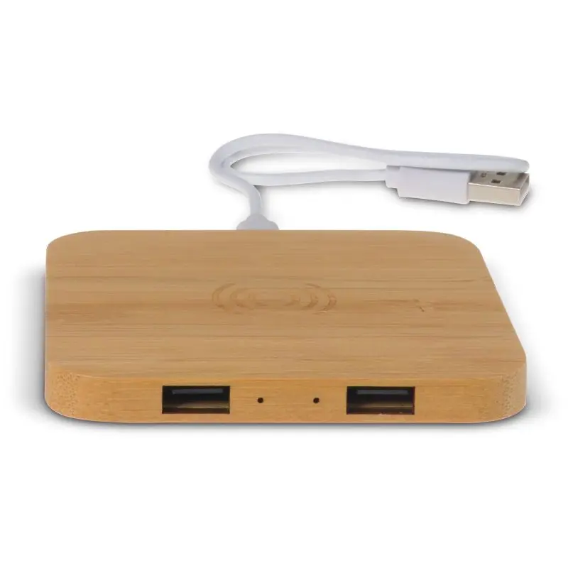 Bambus Drahtlose Ladestation mit 2 USB-Hubs, 5W - Holzoptik