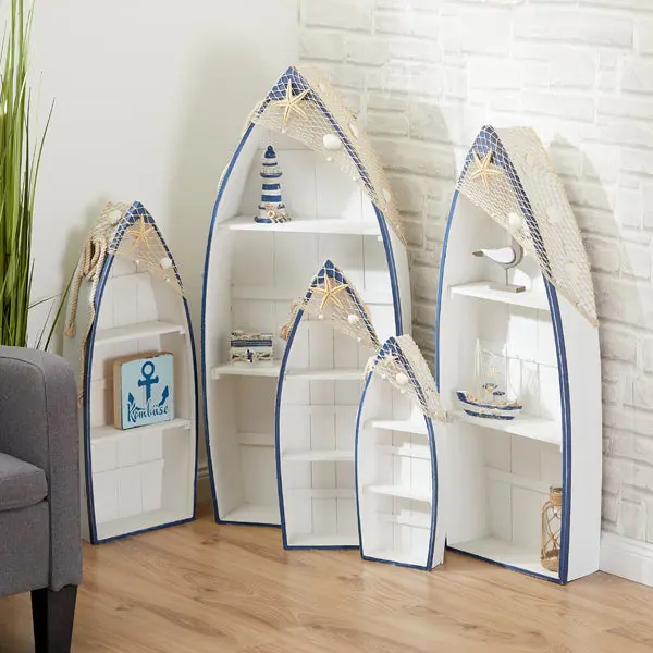 5er Set Ruderboot-Regale in Blau/Weiß – Maritime Wanddekoration
